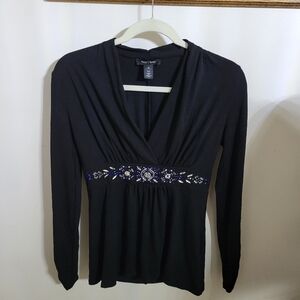 White House Black Market Black Long Sleeve Top w Blue & White Embellishments, XS